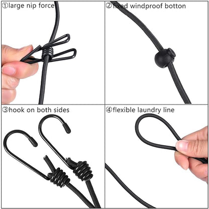 clothes drying rope 12 clips with 2 hooks