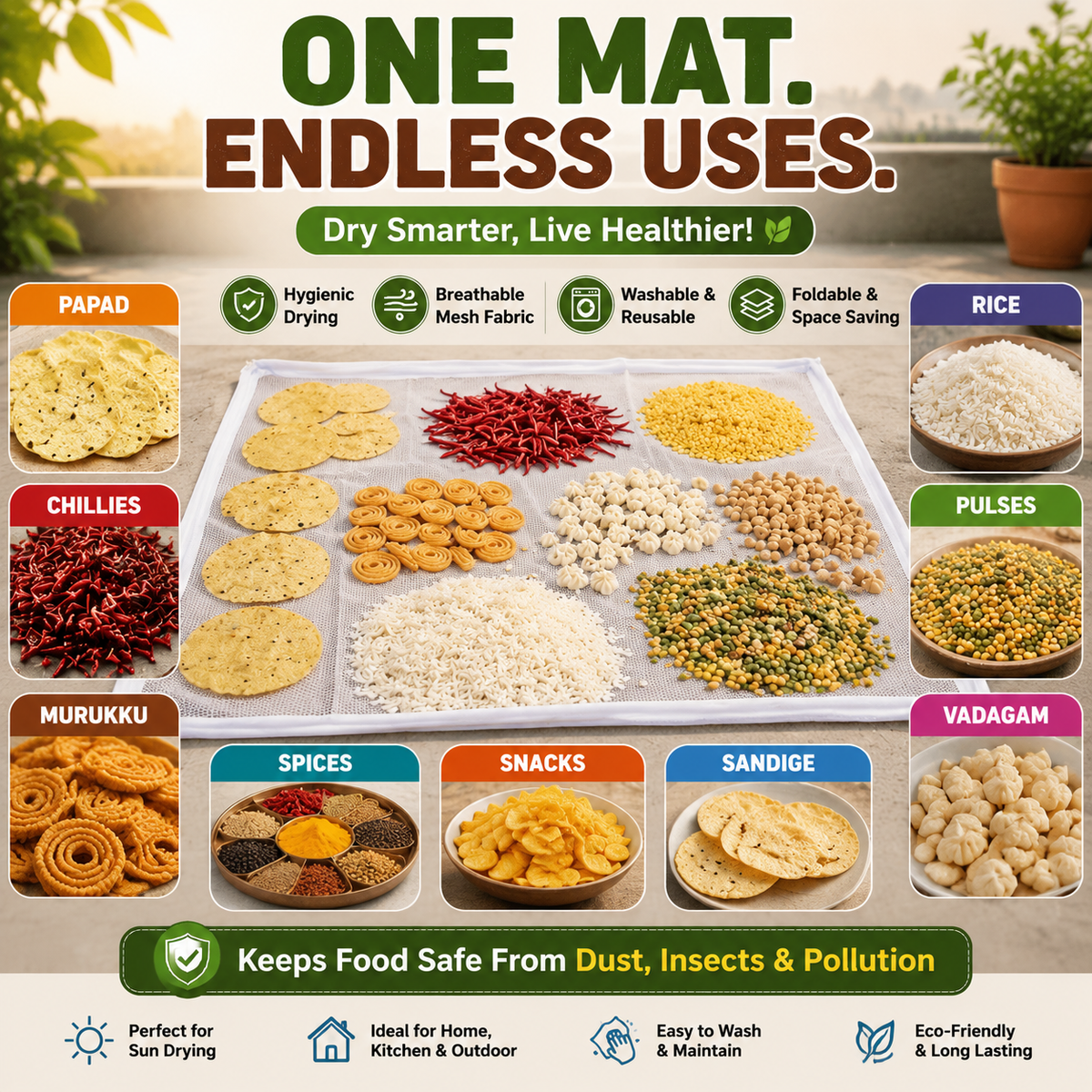 Universal Hygienic Sun Drying Mat for Masala, Haldi, Rice