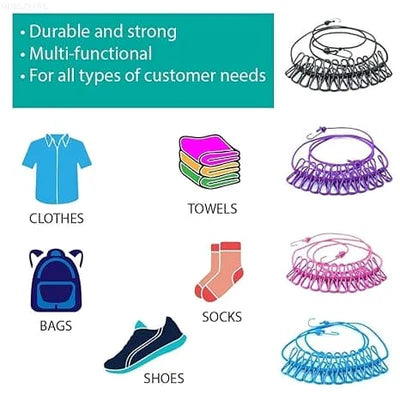 clothes drying rope 12 clips with 2 hooks